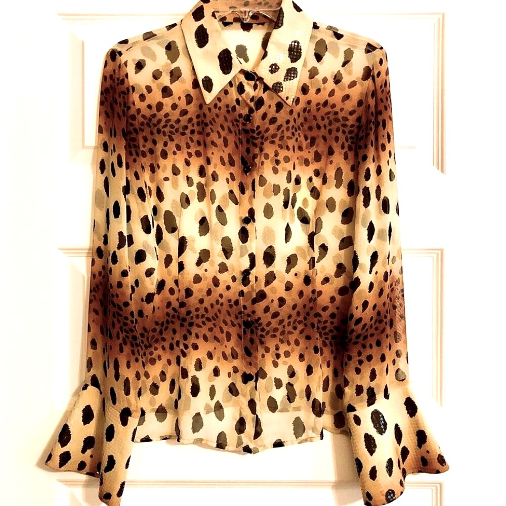 Rare Vintage ROBERTO CAVALLI Sheer Leopard Silk Chiffon Blouse Sequined Trim L - Picture 5 of 8